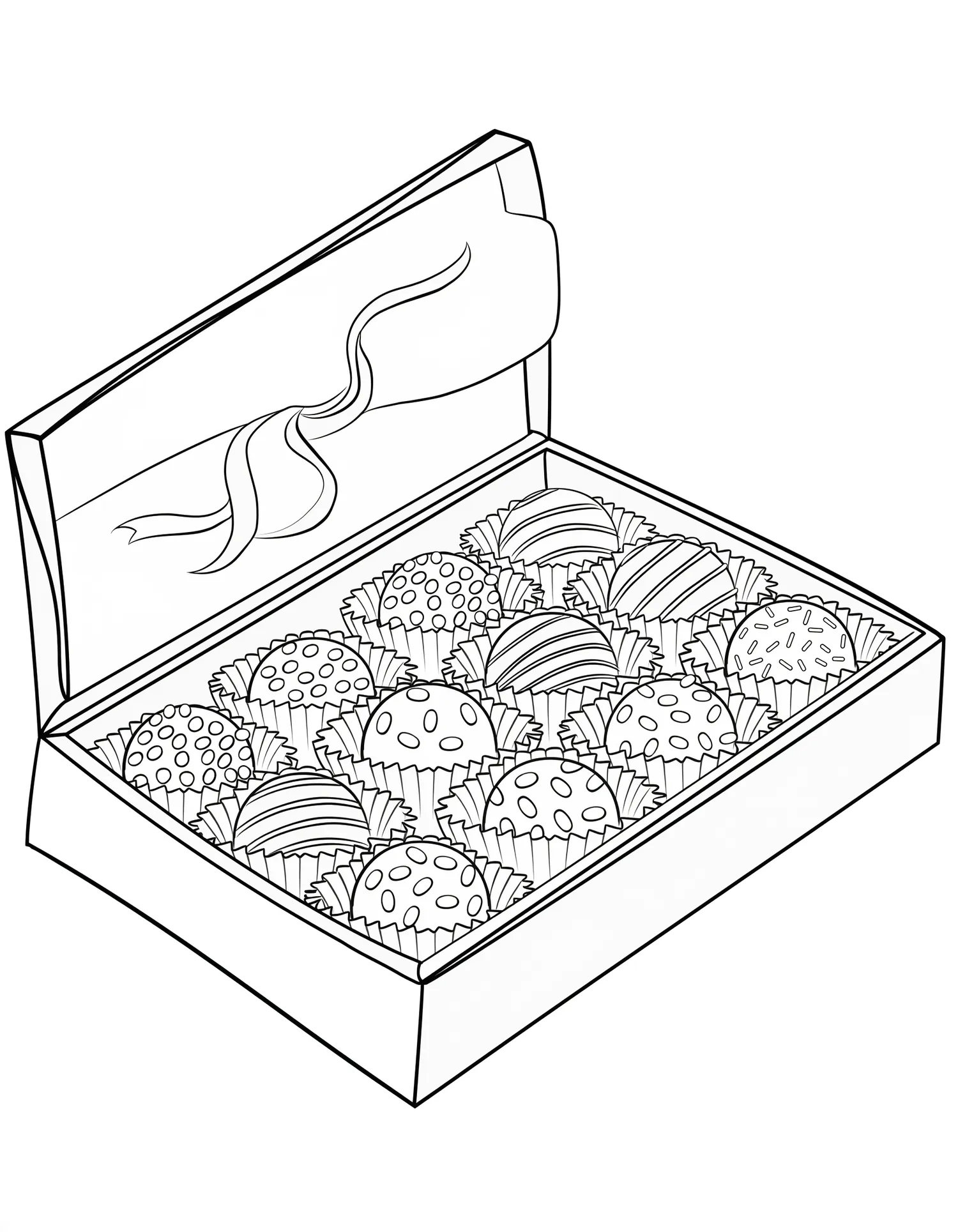 Truffes au Chocolat en Boîte, Coloriage pâtisserie à imprimer gratuitement